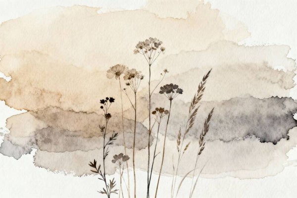 Rooklicht – botanisch schilderij met wilde bloemen in grijstinten en zand