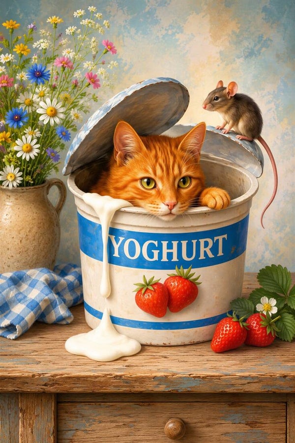 Roomspel – landelijk schilderij kat muis yoghurt aardbeien