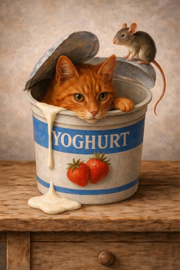 Roomspel – schilderij met kat en muis in yoghurtbeker