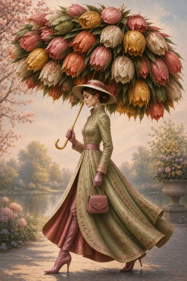 Rosavéline – vrouw schilderij met bloemparaplu