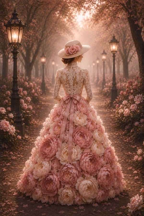 Rosé Promenade – romantisch vrouw schilderij met bloemenjurk en bloementuin