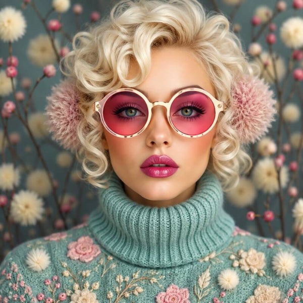 Rosy Reverie – Vrouw schilderij met roze bril en bloementrui