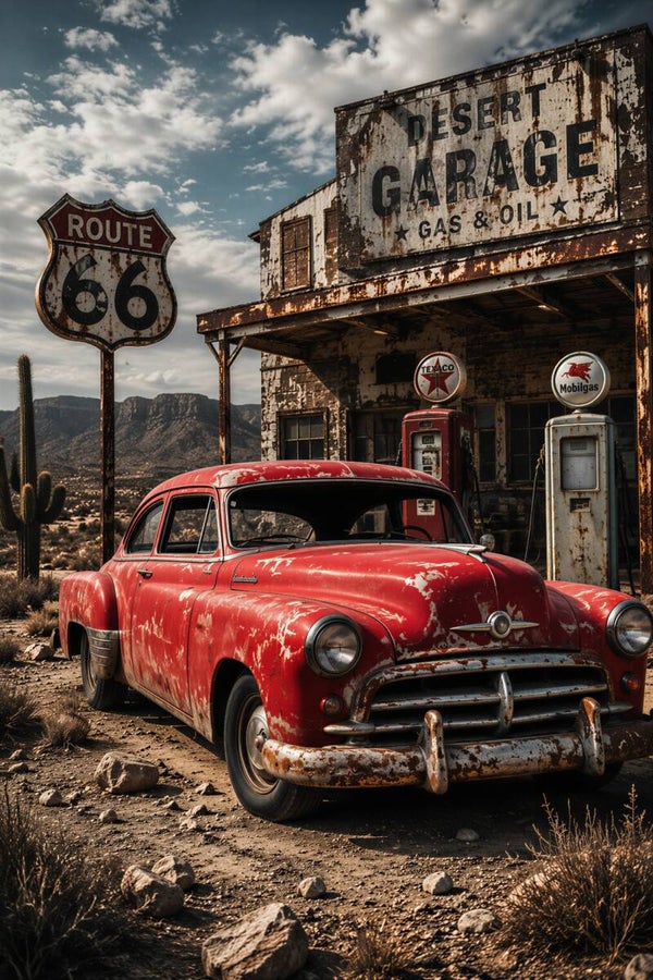 Rode Woestijnrit – Route 66 schilderij met oldtimer en garage