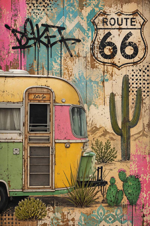 Let’s Go – Route 66 schilderij met retro caravan en cactus