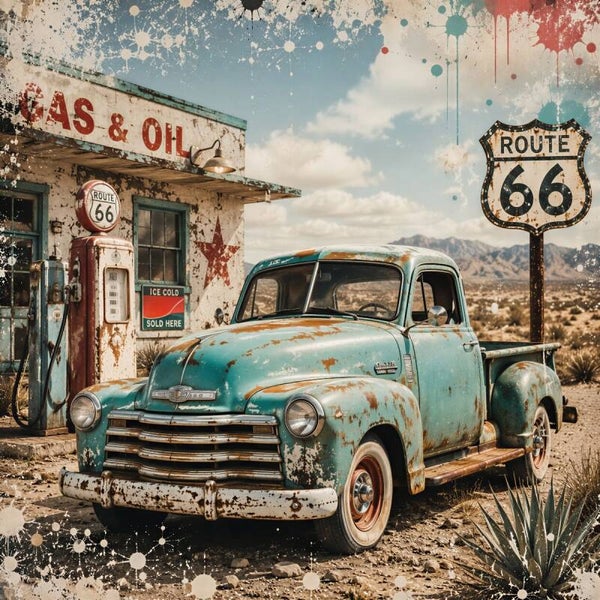 De Oude Tankstop – Route 66 schilderij met turquoise pick-up