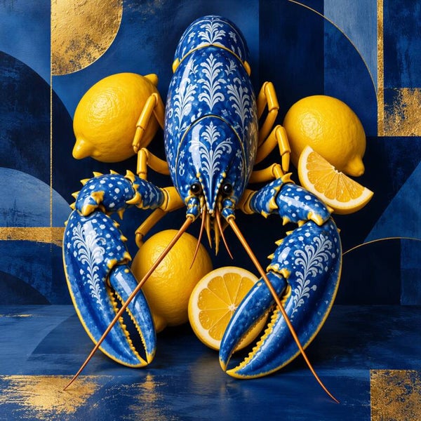 Royal Lobster – abstract keuken schilderij met blauwe kreeft en citroenen