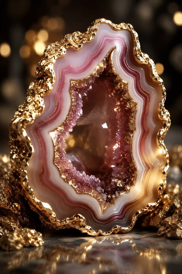 Gouden Kristalgrot – roze agaat geode schilderij met goud