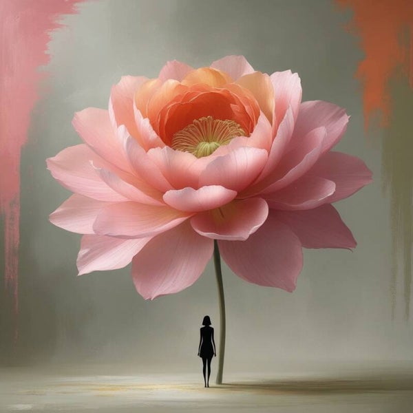 Zij fluistert bloei – abstract bloem schilderij met vrouwelijk silhouet
