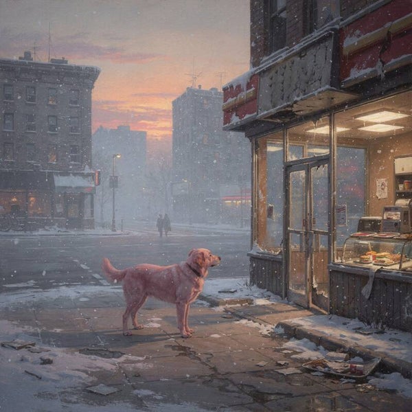 Avondsnack – hond bij de snackbar, stad in de sneeuw