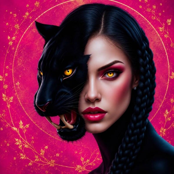 Roze Panterziel – vrouw schilderij met zwarte panter