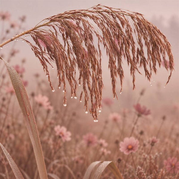 Roze Ochtenddauw – rietpluim schilderij met dauwdruppels en bloemen