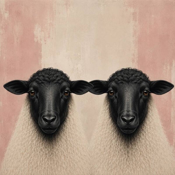 Roze Wolgenoten – schapen schilderij met zachte pasteltinten