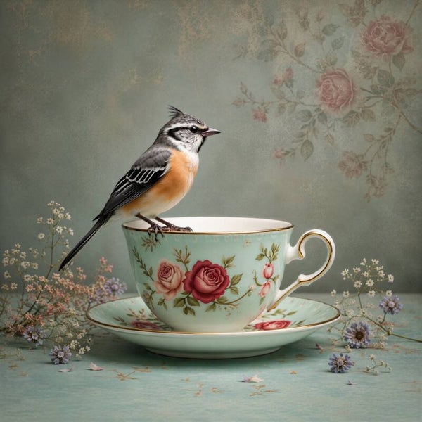 Rozenkopje – landelijk schilderij met vogel en vintage theekop