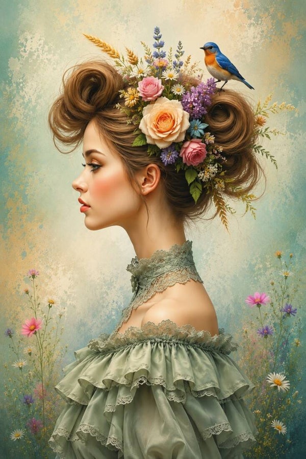 Rozenmelodie – romantisch schilderij vrouw met vogel en bloemen