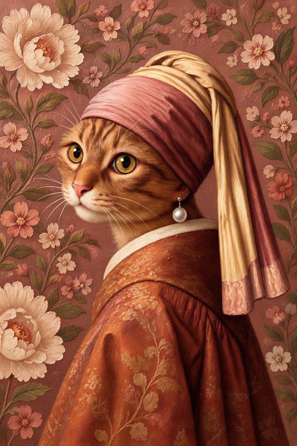Rozenparel Kat – kat schilderij meisje met de parel in oudroze en terracotta