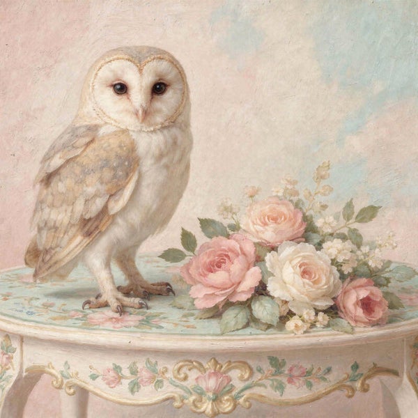 Rozenwachter – uil schilderij met zachte bloemen in romantische landelijke stijl