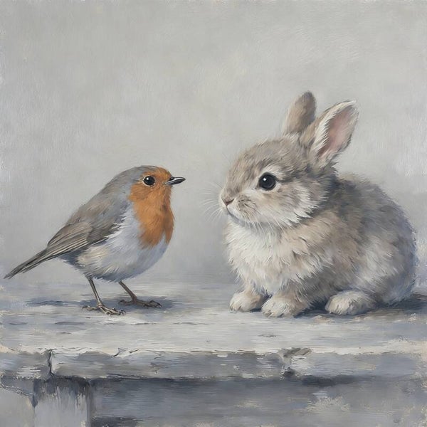 Rust aan de Tafel – schilderij konijn en roodborstje in zachte landelijke stijl