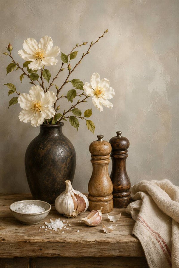 Rust aan Tafel – landelijk stilleven met witte bloemen, knoflook en houten molens