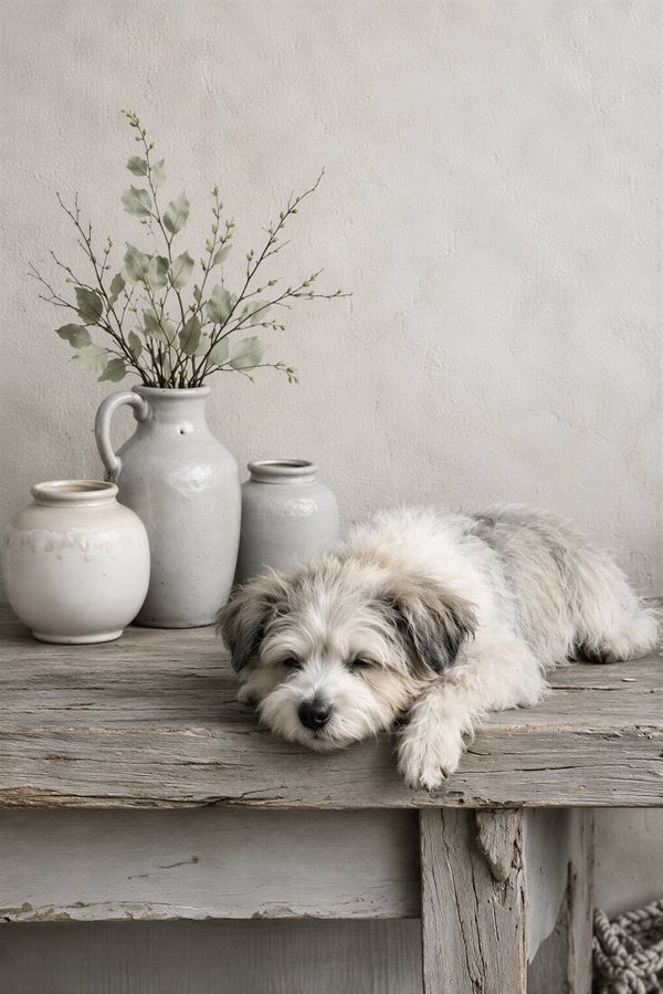 Rust op de Houten Tafel – landelijk schilderij met hond en kruiken