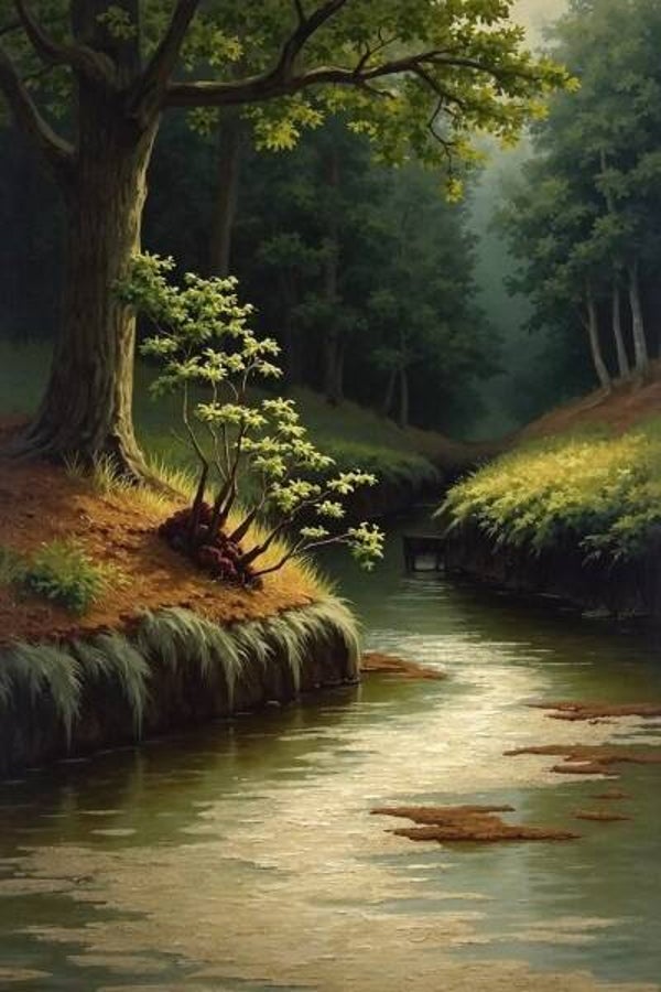 Stilte langs de Rivier – natuur schilderij met licht en water