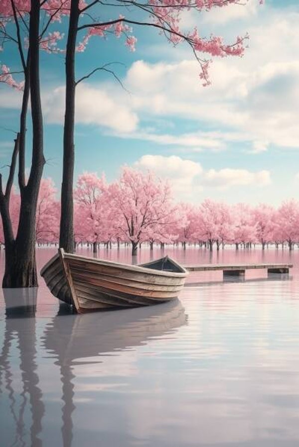 Stilte op het Water – landschap met boot en bloesembomen