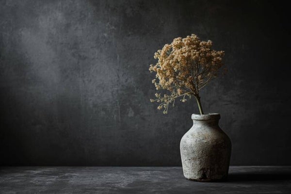 Verstilde Structuur – schilderij verweerde vaas met droogbloem