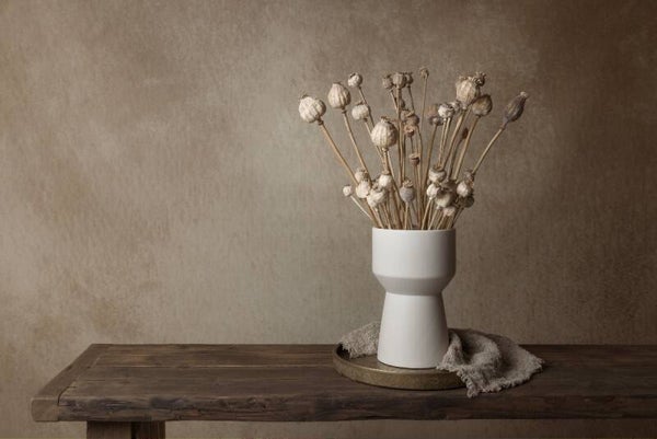 Minimal Still Life with Dried Poppies – Stilleven met gedroogde papavers in witte vaas – Naturel