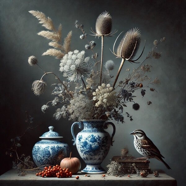 Klassiek stilleven schilderij met blauwe vaas, bloemen en vogel