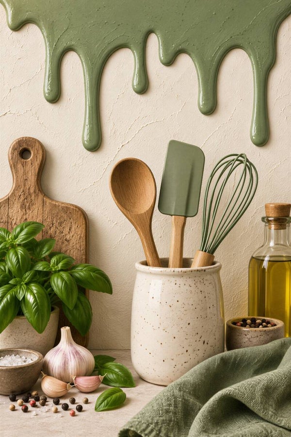 Sage Kitchen – groene keuken wanddecoratie met keukengerei en kruiden