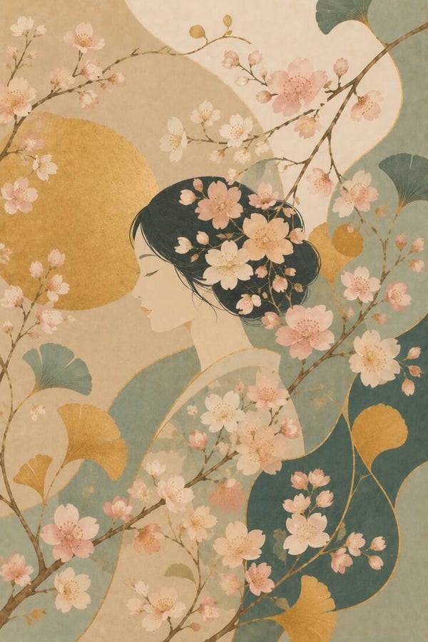 Sakura Fluistering - vrouw schilderij met bloesem en ginkgobladeren
