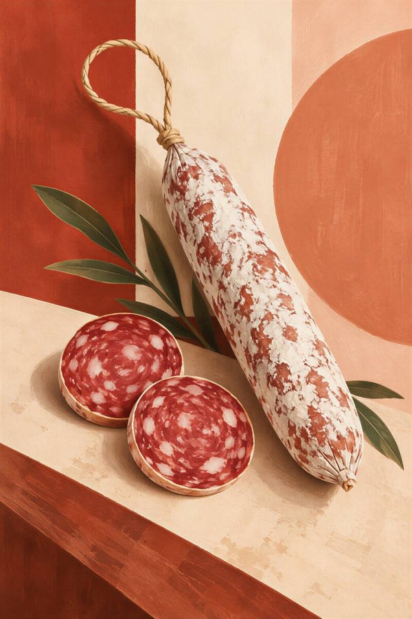 Salami Statement – abstract keuken schilderij in warme aardetinten
