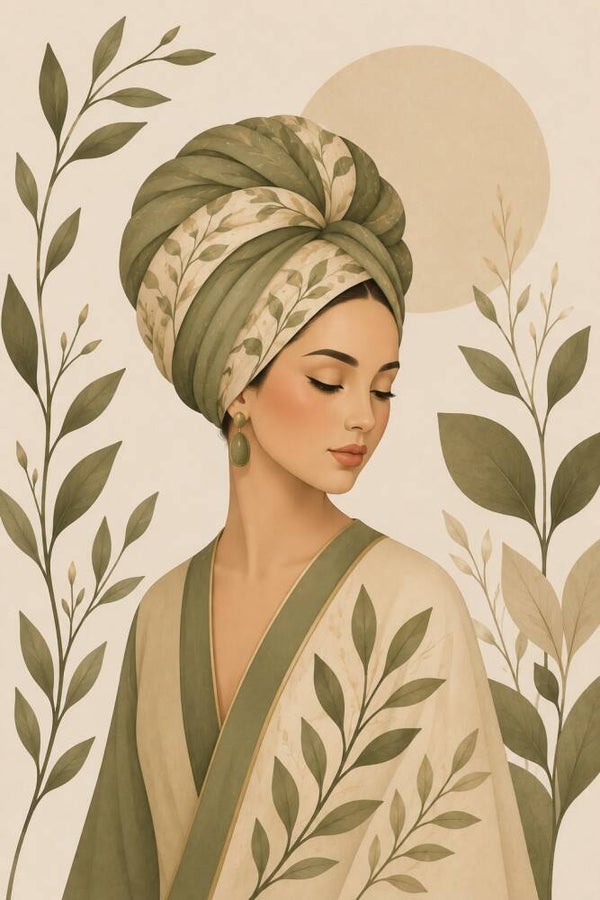Saliegroene Harmonie - botanisch vrouw portret met bladeren
