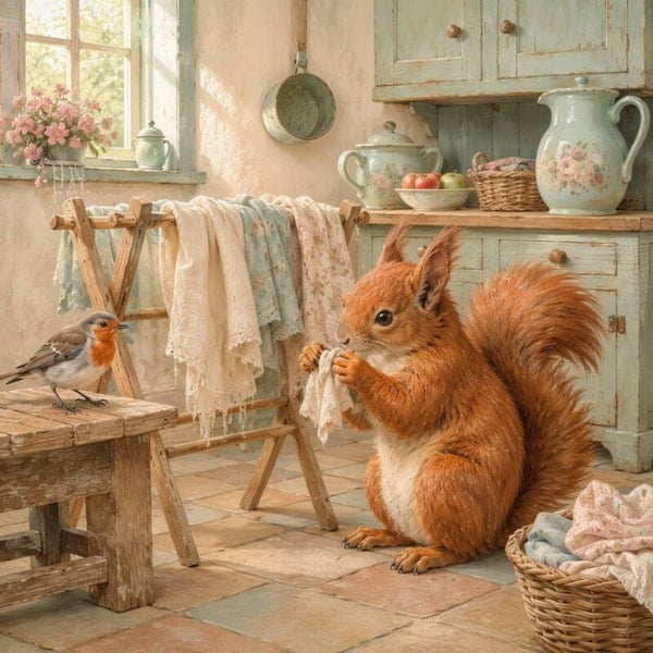 Samen aan de Waslijn – nostalgisch schilderij met eekhoorn en roodborstje