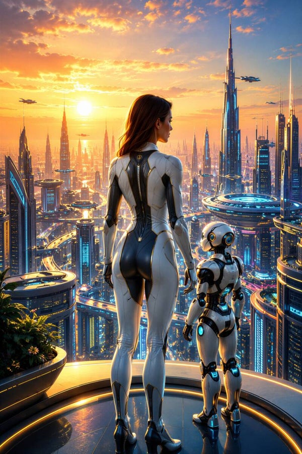 Samen naar Morgen – futuristische vrouw en robot schilderij