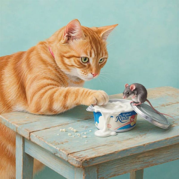 Samen snoepen – landelijk schilderij kat muis yoghurt nostalgisch