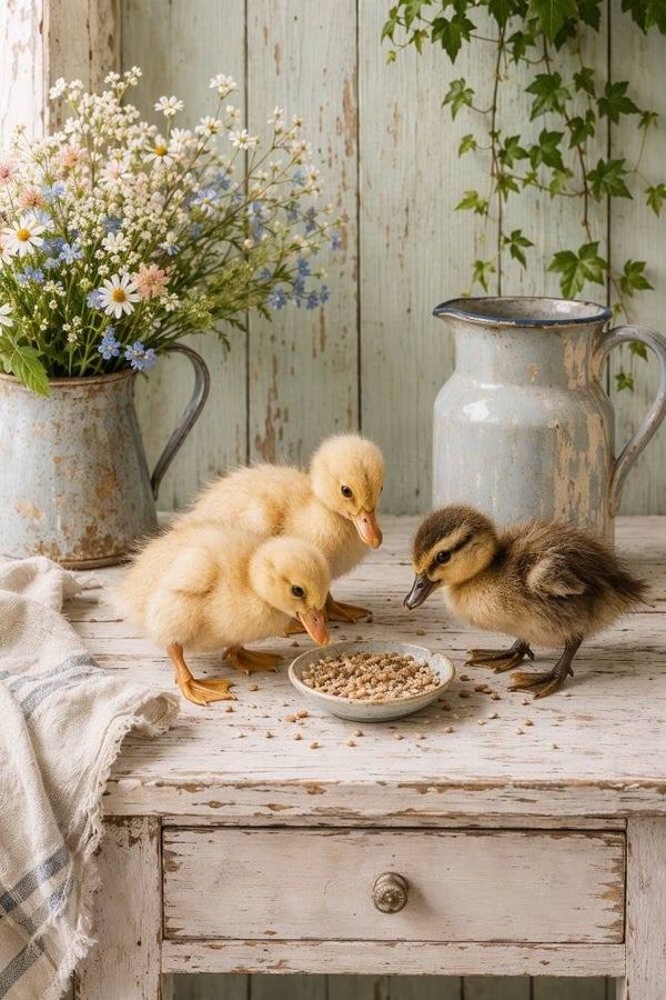 Samen uit Eén Schaaltje – schilderij met eendjes en landelijke bloemen