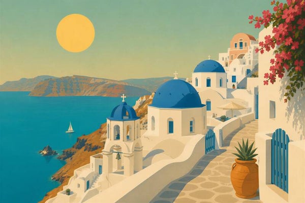 De Blauwe Koepels van Santorini – Griekse kerk, zeezicht en witte huizen