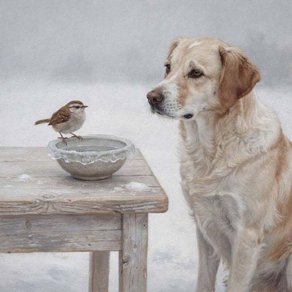 Winterwachter – schilderij hond met vogel bij ijsschaal