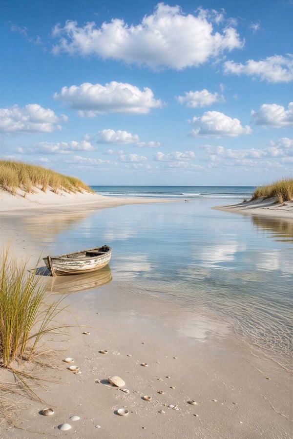 De Stille Strandinham – strandlandschap met roeiboot en duinen