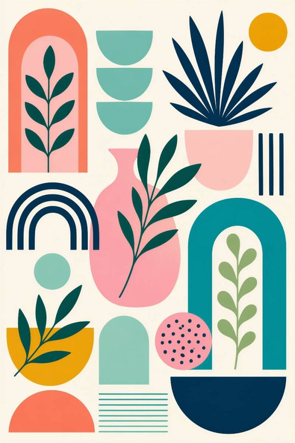 Geometric Plant Harmony – modern abstract schilderij met vazen, bogen en botanische bladeren