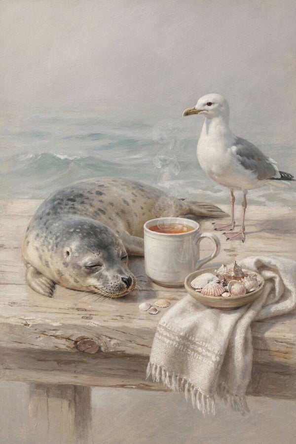 Zeezicht in Rust – Schilderij met zeehond, meeuw en thee op houten tafel