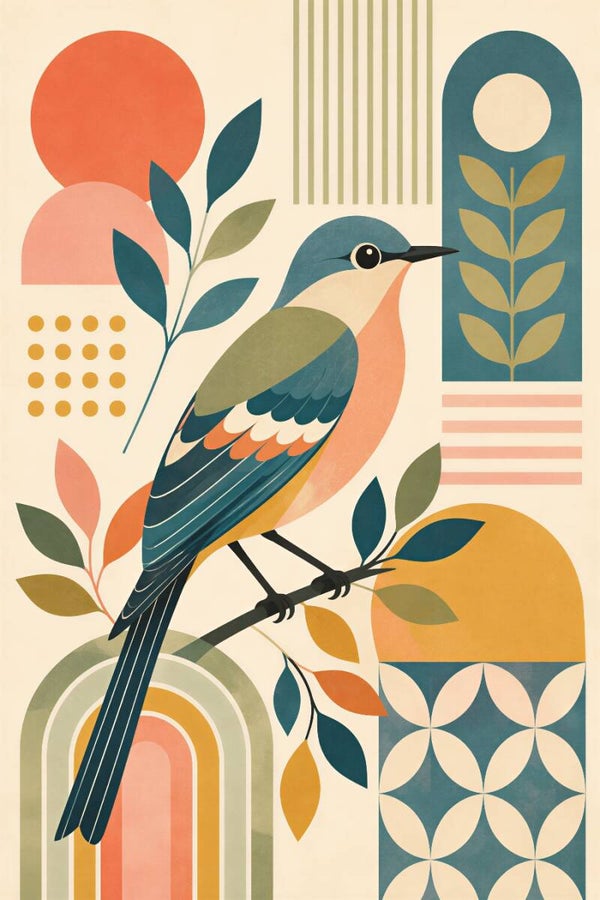 Geometric Bird Harmony – modern abstract schilderij vogel met geometrische bogen