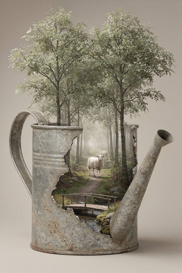 Bosbrug – schaap in berkenbos binnen gieter, landelijk schilderij