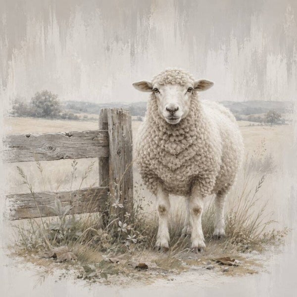 Schaap bij het hek – landelijk schilderij met boerderijdier