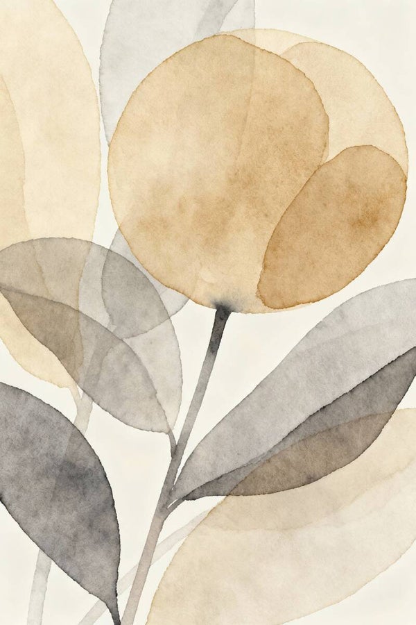 Schaduwblad – abstract bloemschilderij met aquarelstructuur in grijs en zand