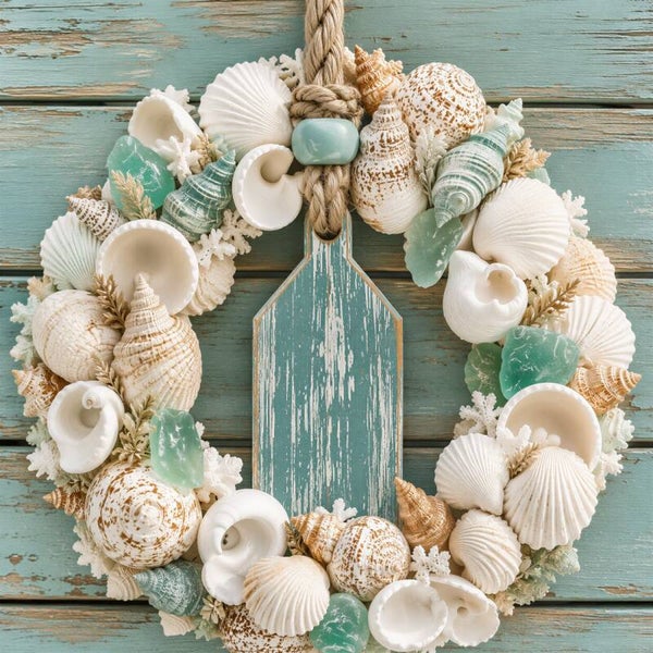 Kustparels – schelpenkrans schilderij met turquoise roeispaan