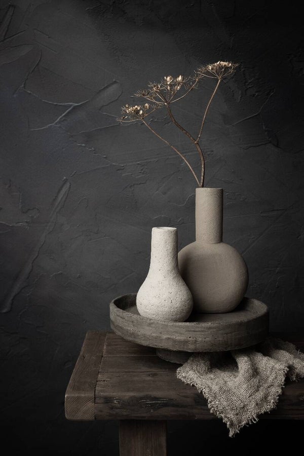 Dried Elegance – Donker stilleven met gedroogde schermbloem en aardewerk vazen
