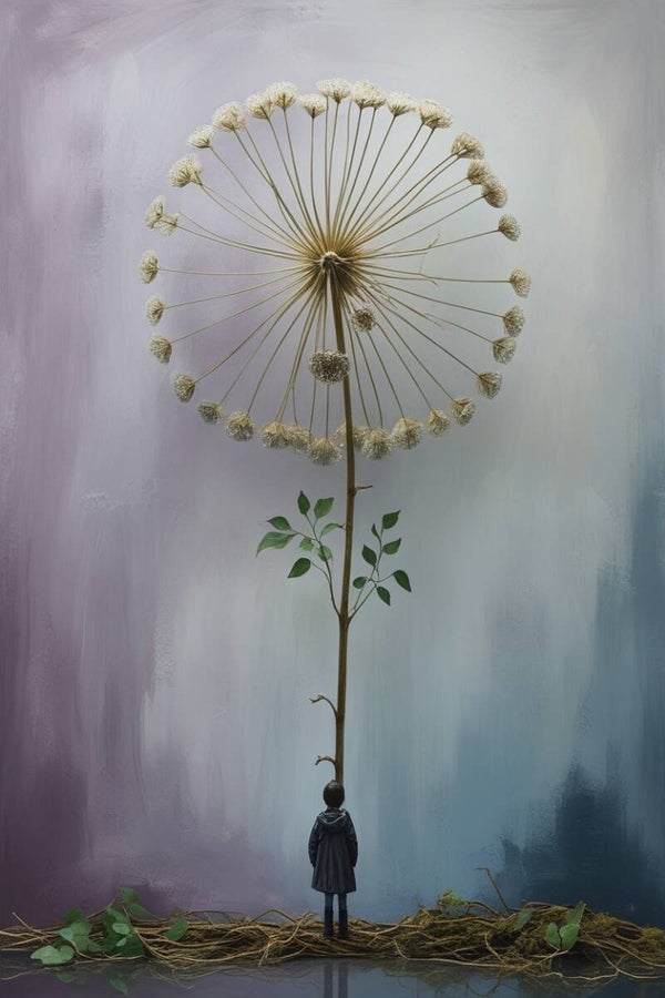 De Stilte Groeit Mee – schilderij met abstract kind en grote berenklauw