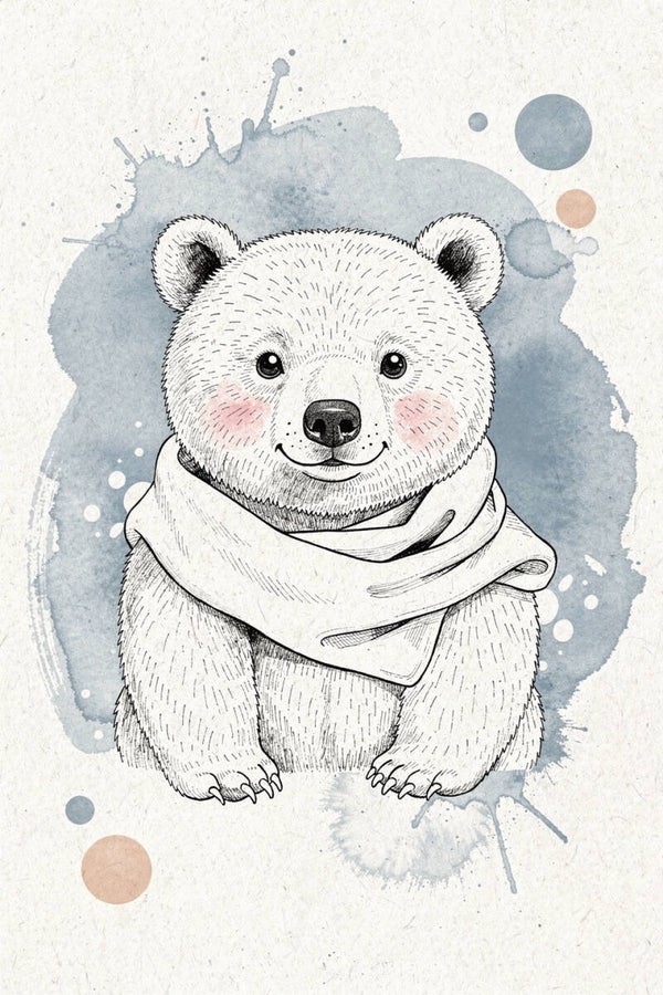 Zachte Knuffel – schilderij beer kinderkamer met sjaal, lief dierenportret