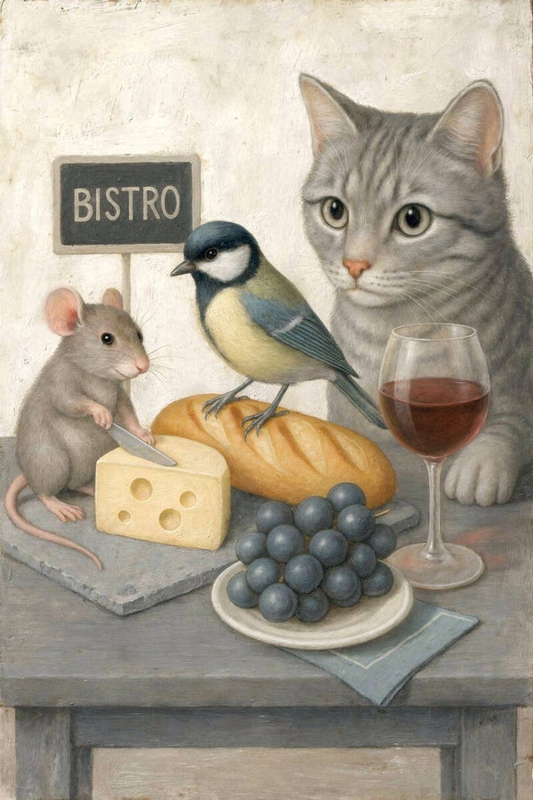 Bistroavond – schilderij dieren met brood, wijn en kaas